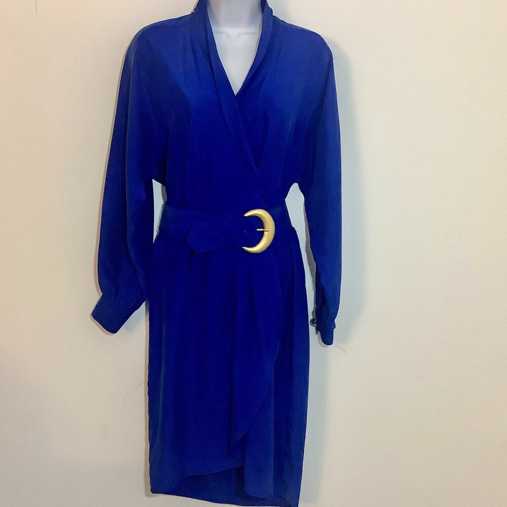 Wrap Dress Petite Sophisticate Sz 8 Silk Blue Long Sleeve Belted
